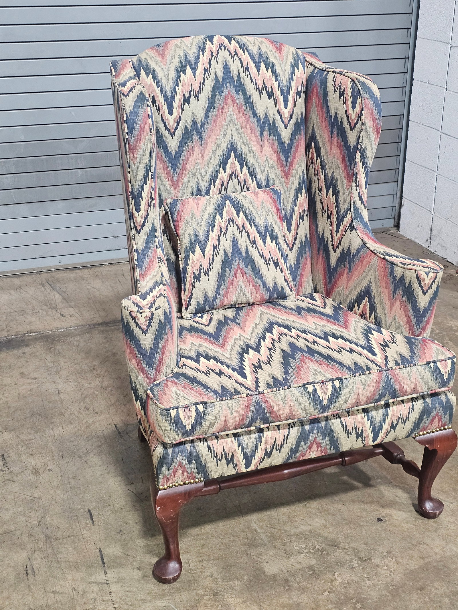 Mahogany Williamsburg Queen Anne Style Wing Back Chair New Flame Stitch Fabric - 6