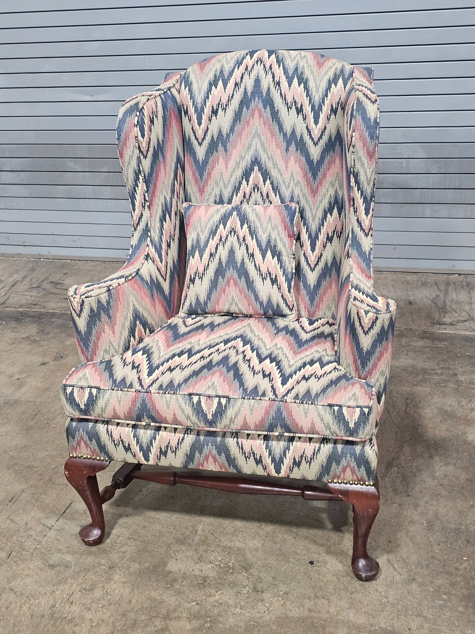 Mahogany Williamsburg Queen Anne Style Wing Back Chair New Flame Stitch Fabric - 8