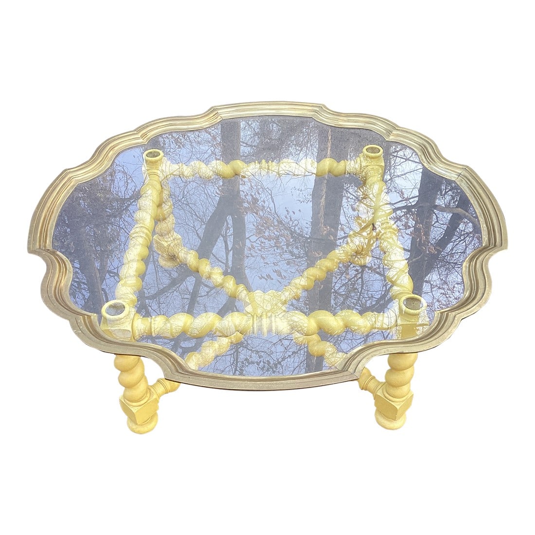 Vintage Baker Furniture Scalloped Golden Yellow Coffee Table With Brass and Glass Top – 44": A sophisticated vintage coffee table by Baker Furniture, featuring an elegant scalloped frame with inset glass top and sculptural faux-bamboo style turned stretchers in a golden yellow finish. The arc