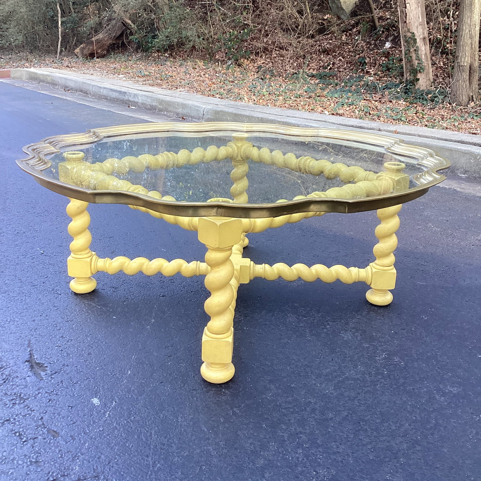Vintage Baker Furniture Scalloped Golden Yellow Coffee Table With Brass and Glass Top – 44" - 2