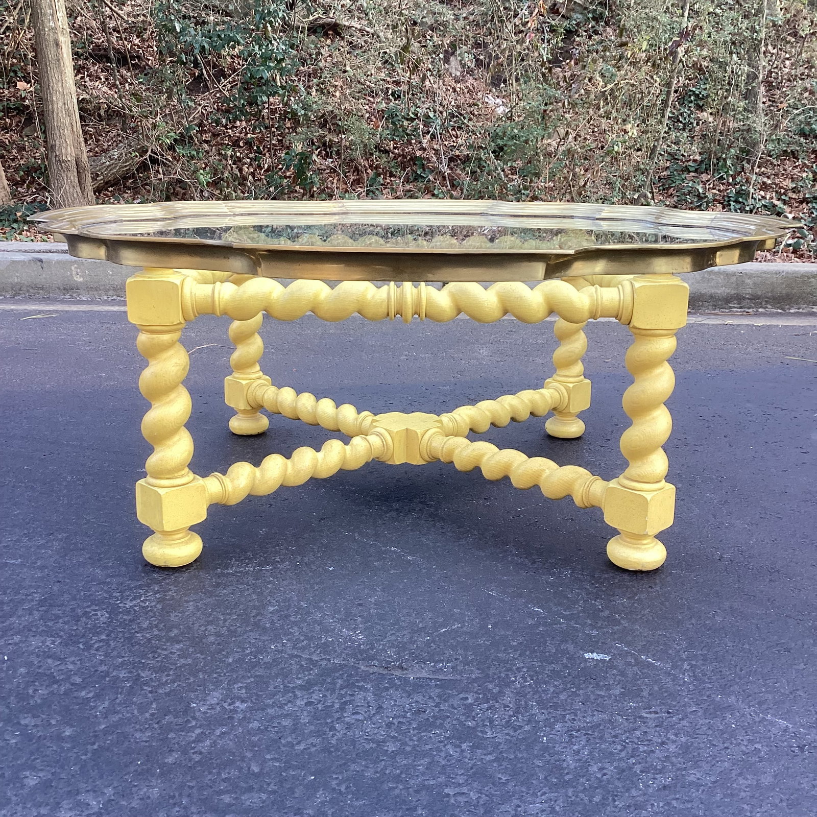 Vintage Baker Furniture Scalloped Golden Yellow Coffee Table With Brass and Glass Top – 44" - 4