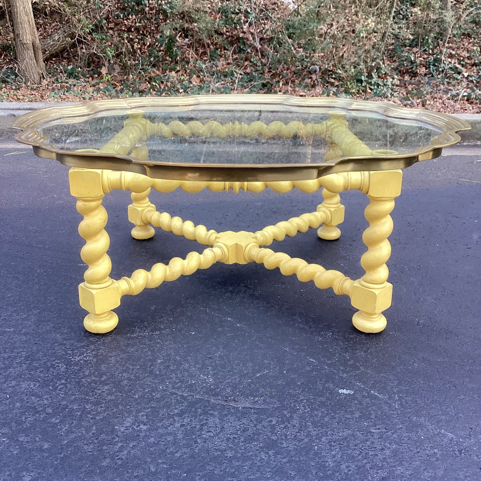 Vintage Baker Furniture Scalloped Golden Yellow Coffee Table With Brass and Glass Top – 44" - 5