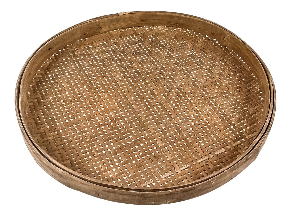 Antique Rattan Woven Basket Lid Wall Art: Beautiful example of a late 19th Century bamboo round cylinder with rattan weaving inside. Used originally for a lid of a large container of rice or flour. In absolutely pristine condition and ready