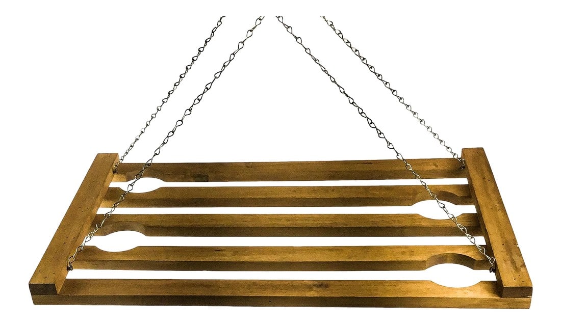 Artisan Wood & Chain Ceiling Hung Stemware Display Holder: Here we have the answer to many a question about what do we do with all our stemware? HANG THEM FROM THE CEILING. A very cool design which will complement any style. Condition: Alterations: