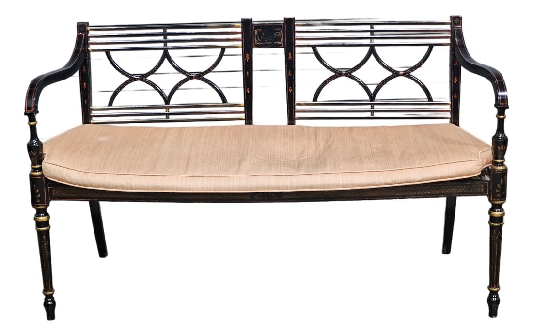 Late 20th Century Baker Historic Charleston Bench Settee Black Finish Gold Accents (1 of 15)