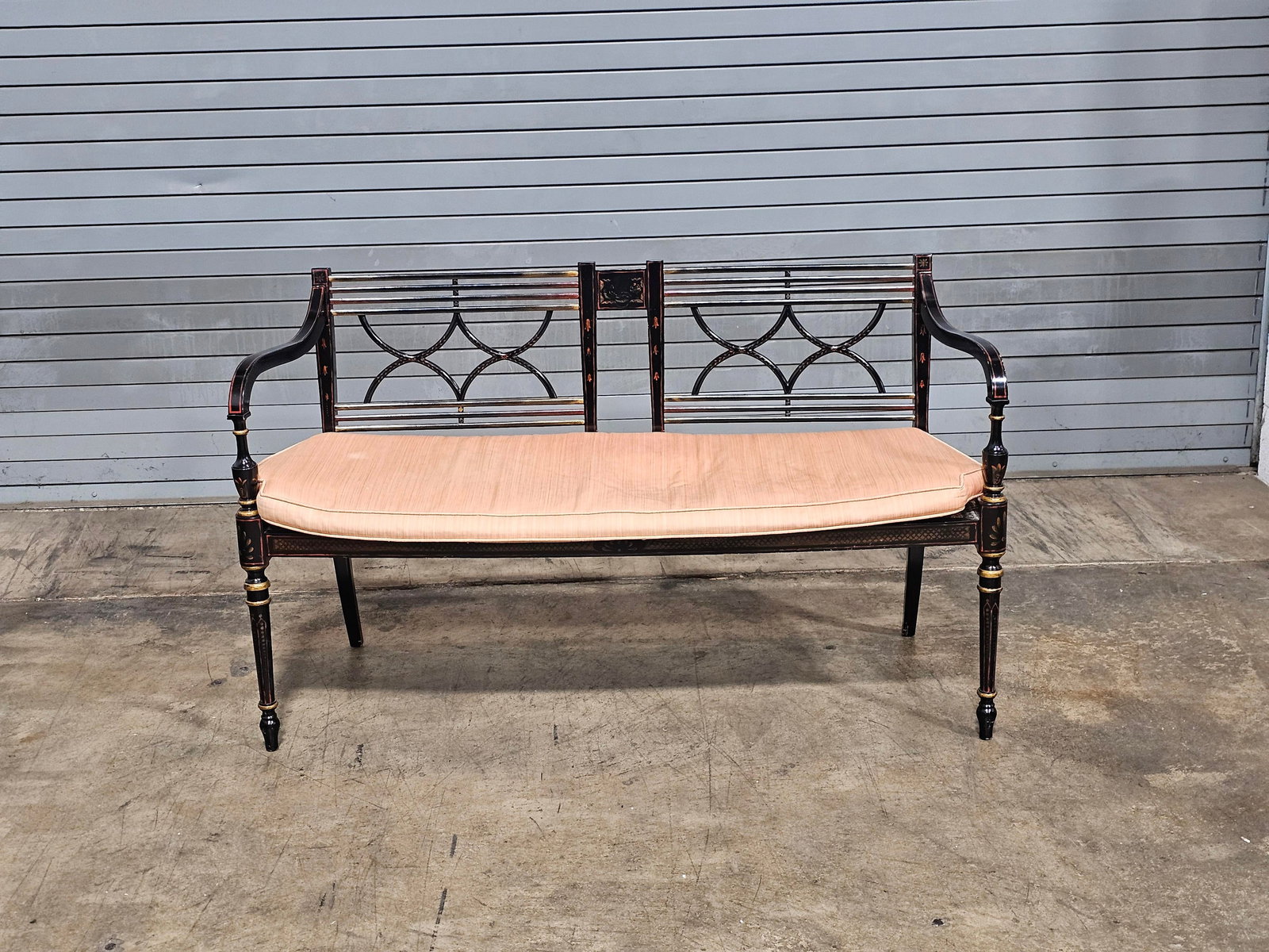 Late 20th Century Baker Historic Charleston Bench Settee Black Finish Gold Accents - 2