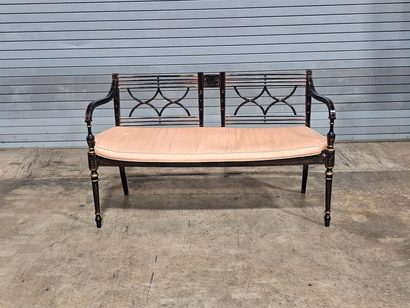 Late 20th Century Baker Historic Charleston Bench Settee Black Finish Gold Accents - 4