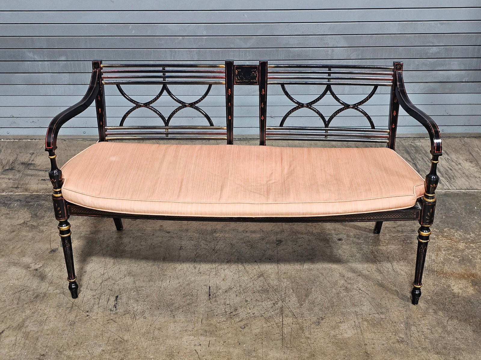 Late 20th Century Baker Historic Charleston Bench Settee Black Finish Gold Accents - 5