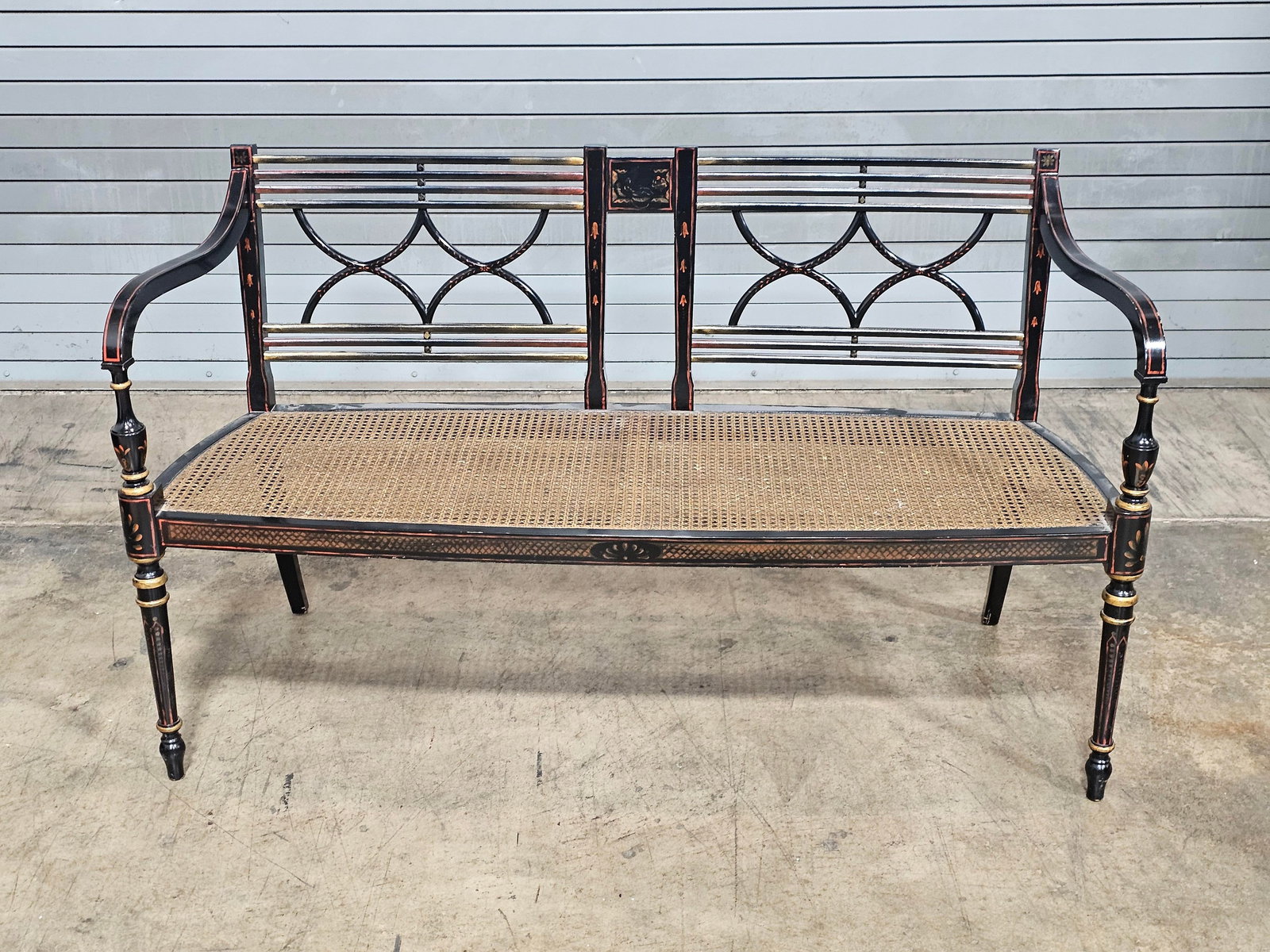 Late 20th Century Baker Historic Charleston Bench Settee Black Finish Gold Accents - 7