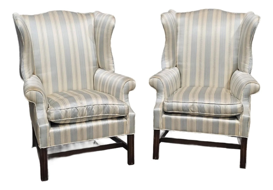 Mid 20th Century Pair Mahogany Chippendale Style Armchairs Wing Chairs Blue Silk Striped Fabric (1 of 11)