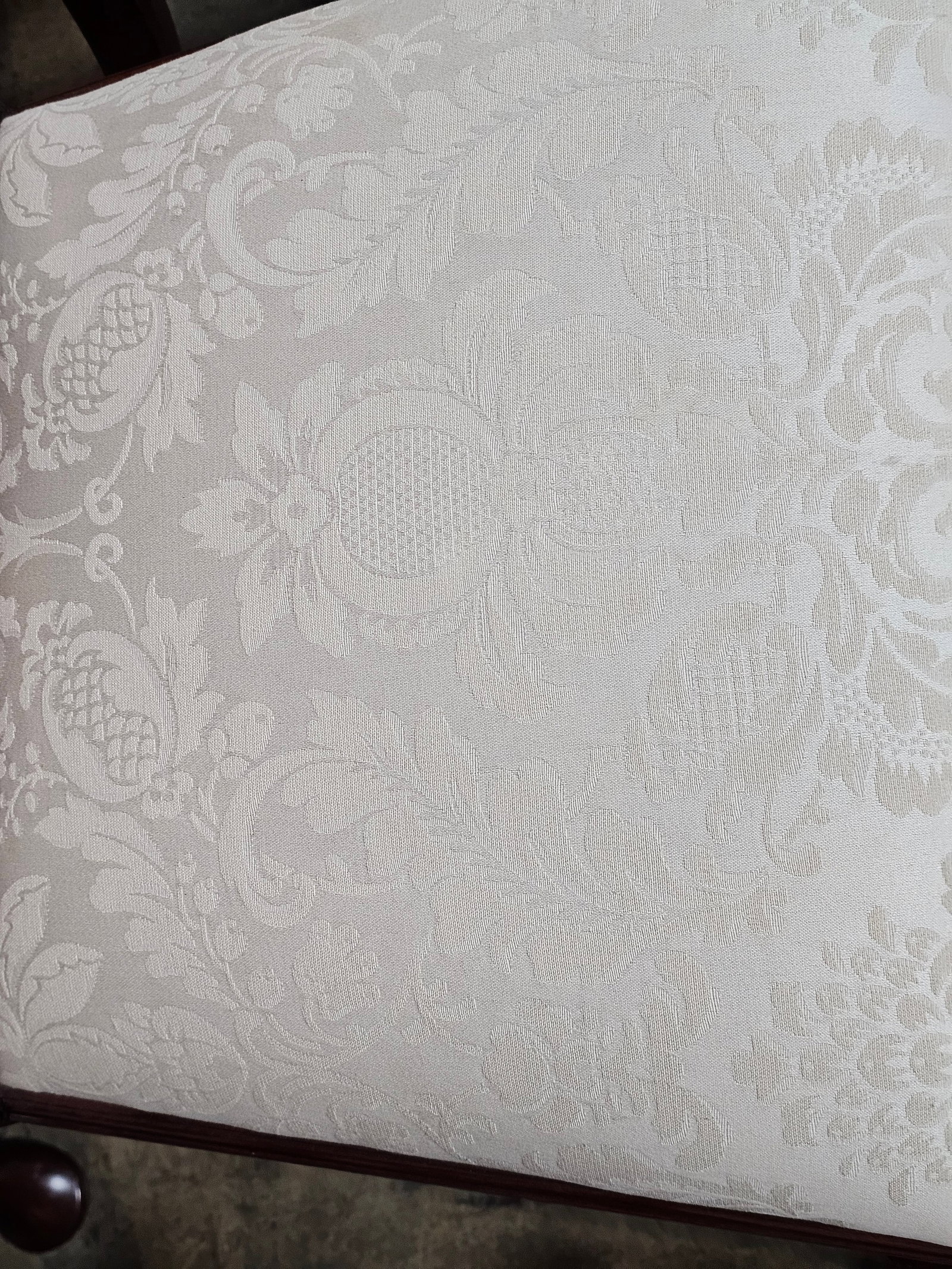 1990s Set of 8 Henkel Harris Black Cherry Dining Room Chairs White Damask Fabric - 12