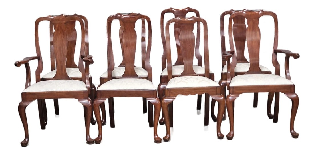 1990s Set of 8 Henkel Harris Black Cherry Dining Room Chairs White Damask Fabric (1 of 18)