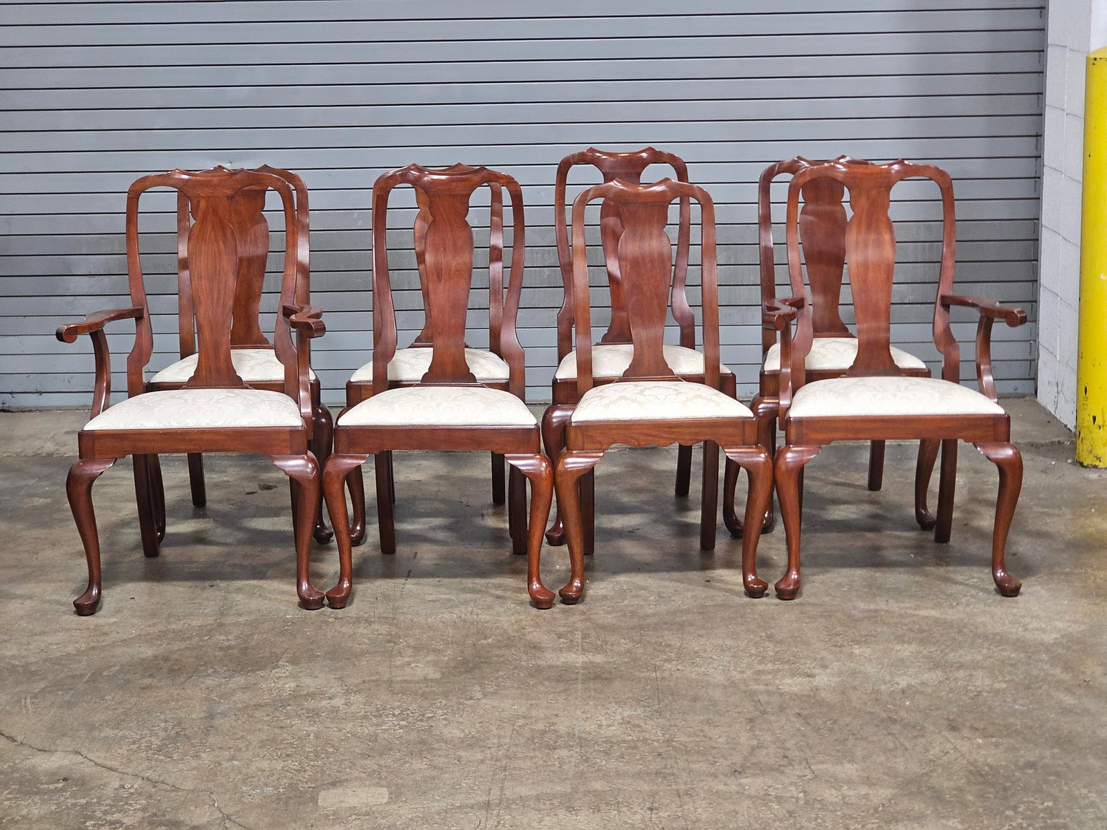 1990s Set of 8 Henkel Harris Black Cherry Dining Room Chairs White Damask Fabric - 2