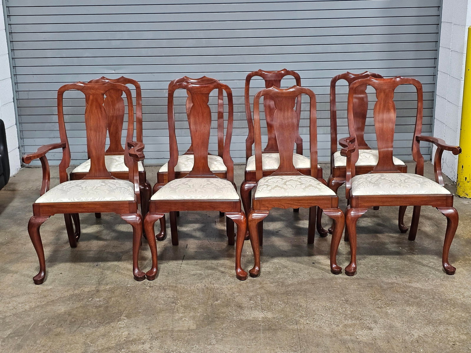 1990s Set of 8 Henkel Harris Black Cherry Dining Room Chairs White Damask Fabric - 6