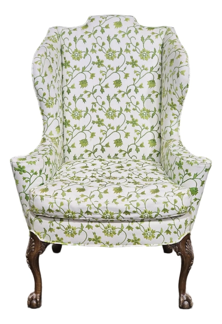 Early 20th Century Chippendale Mahogany Wing Chair Carved Ball & Claw Feet Needpoint Fabric: Store Item: Chippendale Mahogany Wing Chair Carved Ball & Claw Feet Needpoint Fabric Description: Chair feature a high back flanked by rolled arms, single seat cushion, raised on carved cabriole legs
