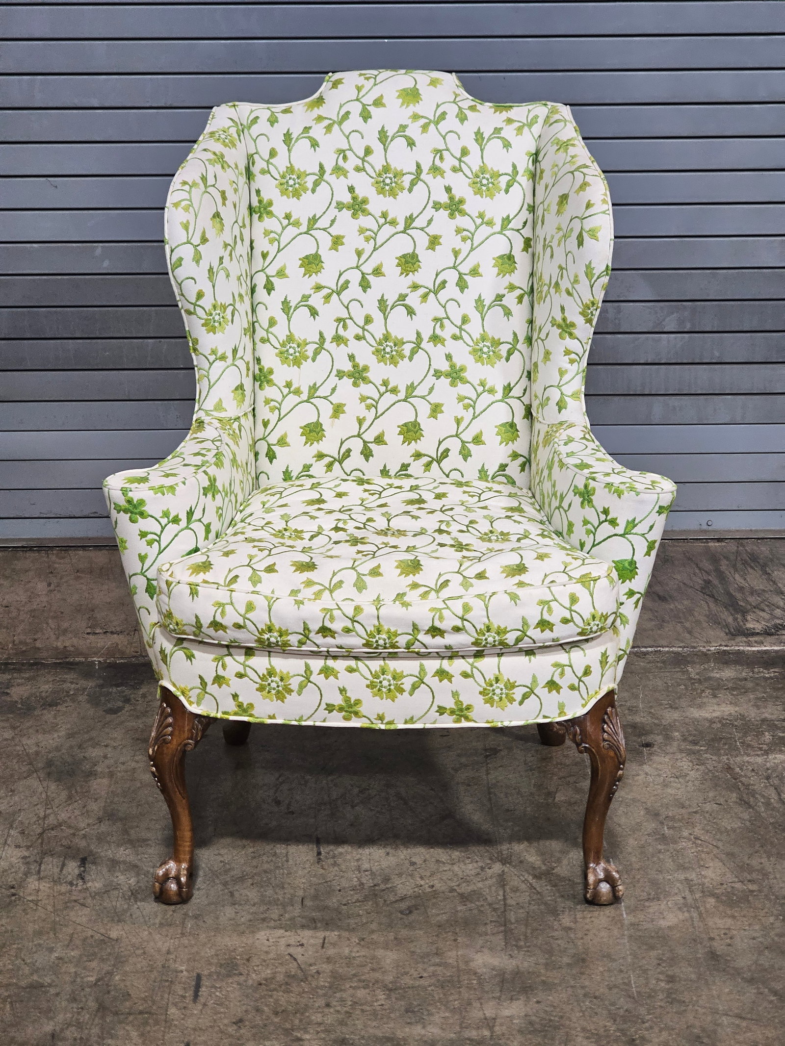 Early 20th Century Chippendale Mahogany Wing Chair Carved Ball & Claw Feet Needpoint Fabric - 2