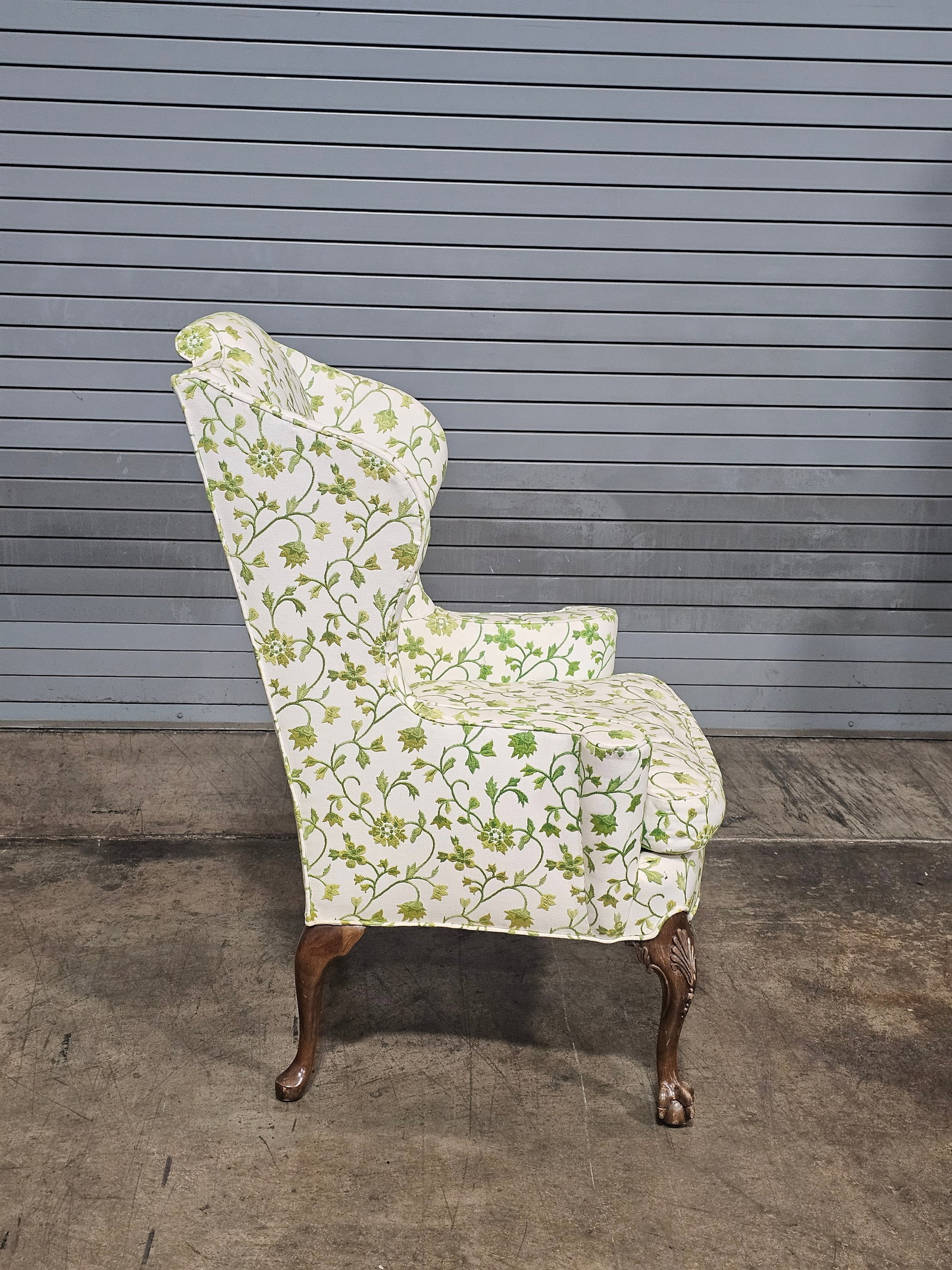 Early 20th Century Chippendale Mahogany Wing Chair Carved Ball & Claw Feet Needpoint Fabric - 4