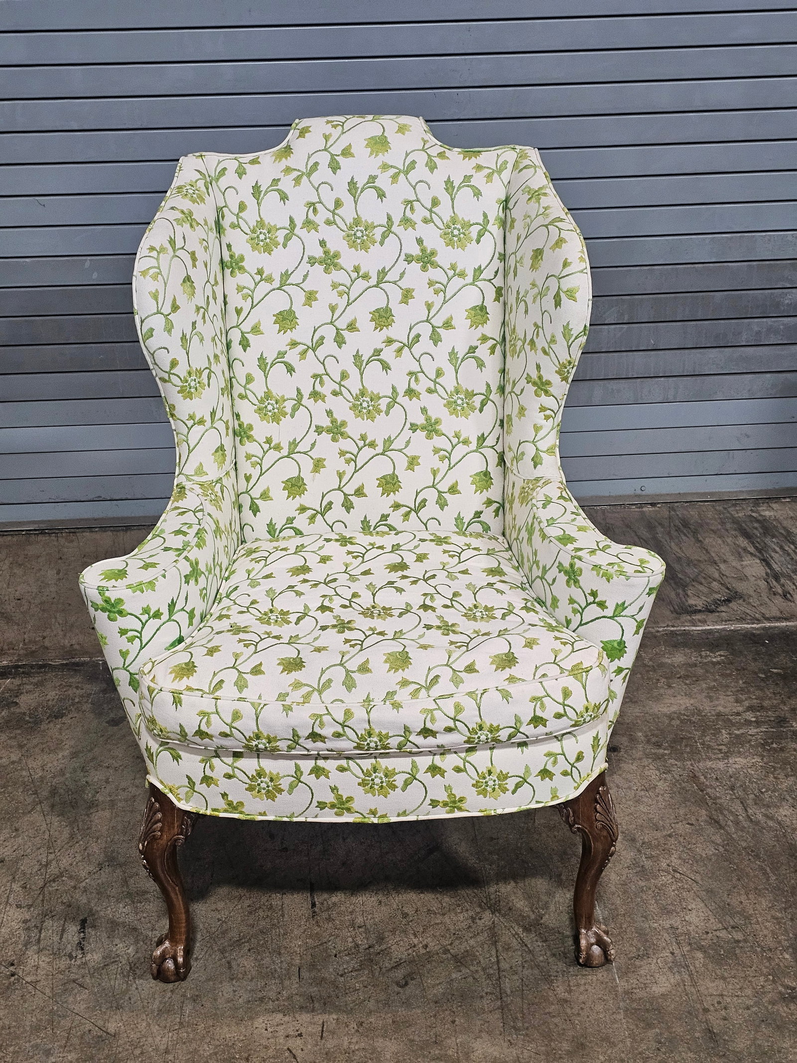 Early 20th Century Chippendale Mahogany Wing Chair Carved Ball & Claw Feet Needpoint Fabric - 5