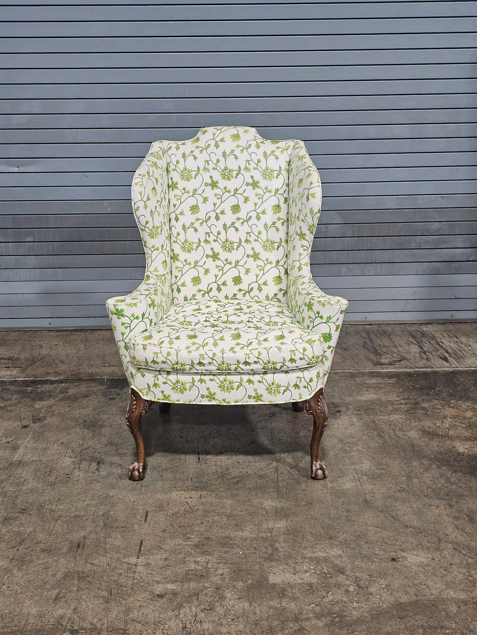 Early 20th Century Chippendale Mahogany Wing Chair Carved Ball & Claw Feet Needpoint Fabric - 6