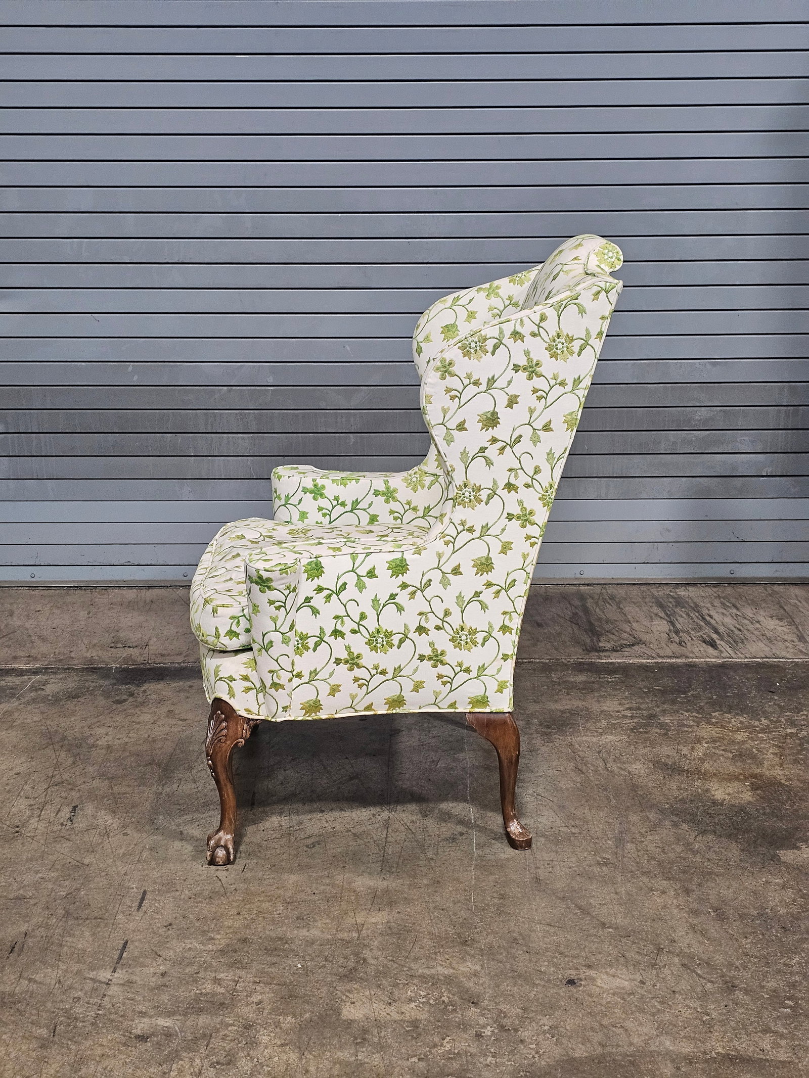 Early 20th Century Chippendale Mahogany Wing Chair Carved Ball & Claw Feet Needpoint Fabric - 8