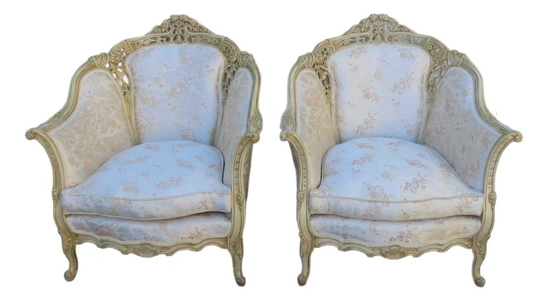 French Heavy Carved Side Lounge Den Fireplace Chairs a Pair 6239: This Pair of Side Chairs is made of wood, solid wood, and upholstery. These two chairs have exquisitely elegant French style; they feature classic silhouettes, heavy carving, beautiful details, and