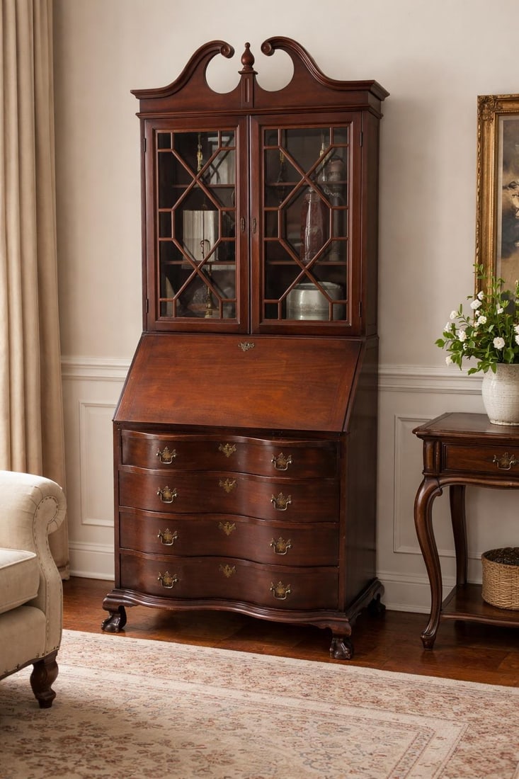 1930s–1940s Northwestern Furniture Co. Mahogany Serpentine Secretary Bookcase Desk - 2