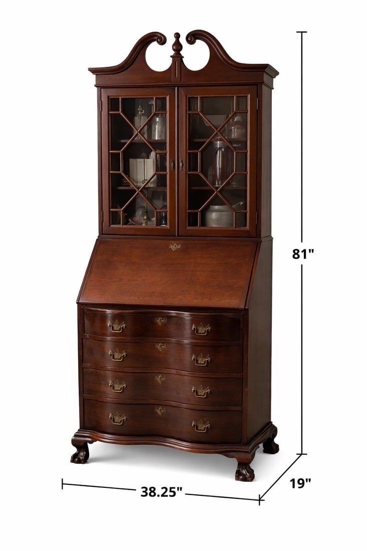 1930s–1940s Northwestern Furniture Co. Mahogany Serpentine Secretary Bookcase Desk - 6