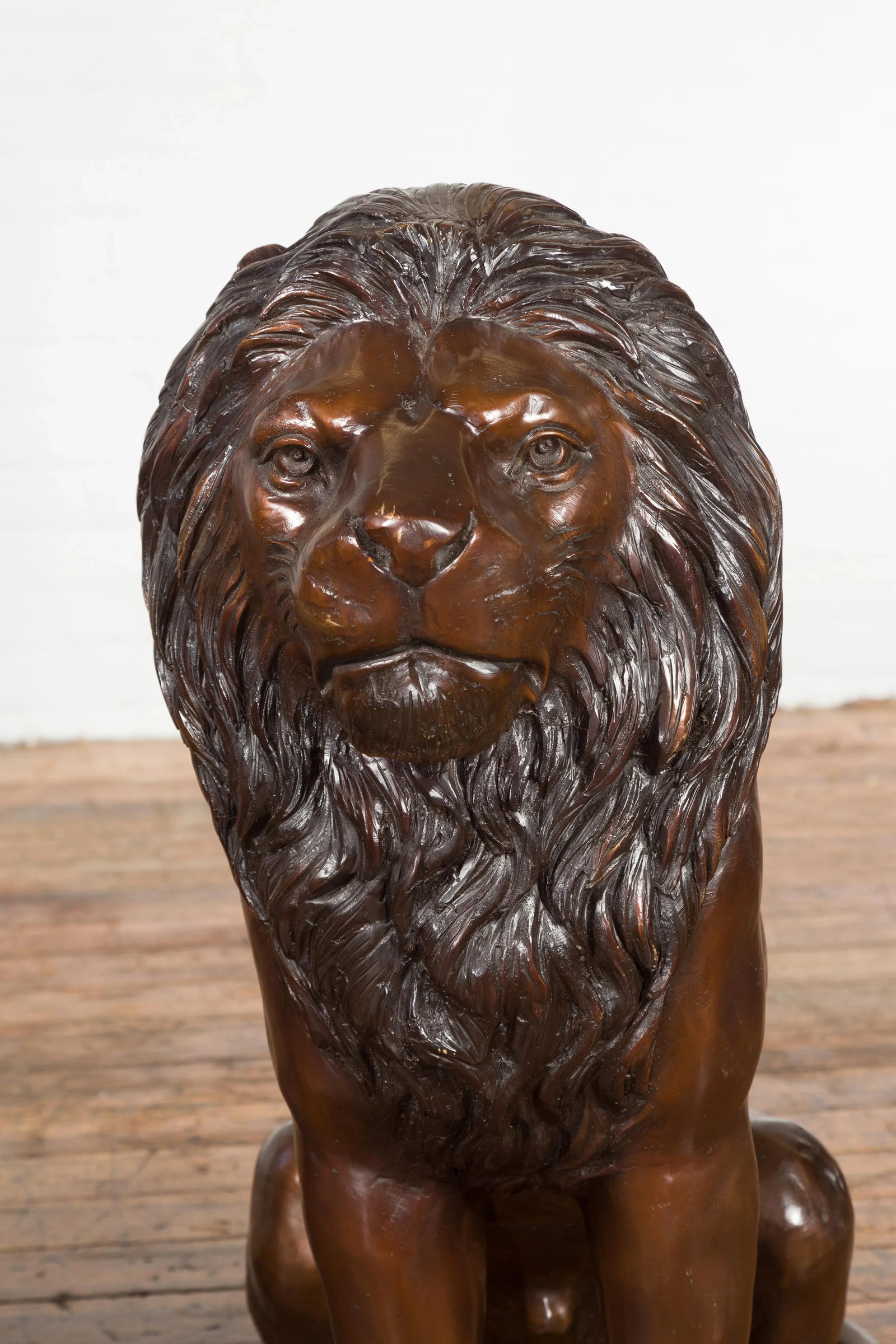 Contemporary Lost Wax Cast Outdoor Sitting Lions with Dark Bronze Patina - A Pair - 10