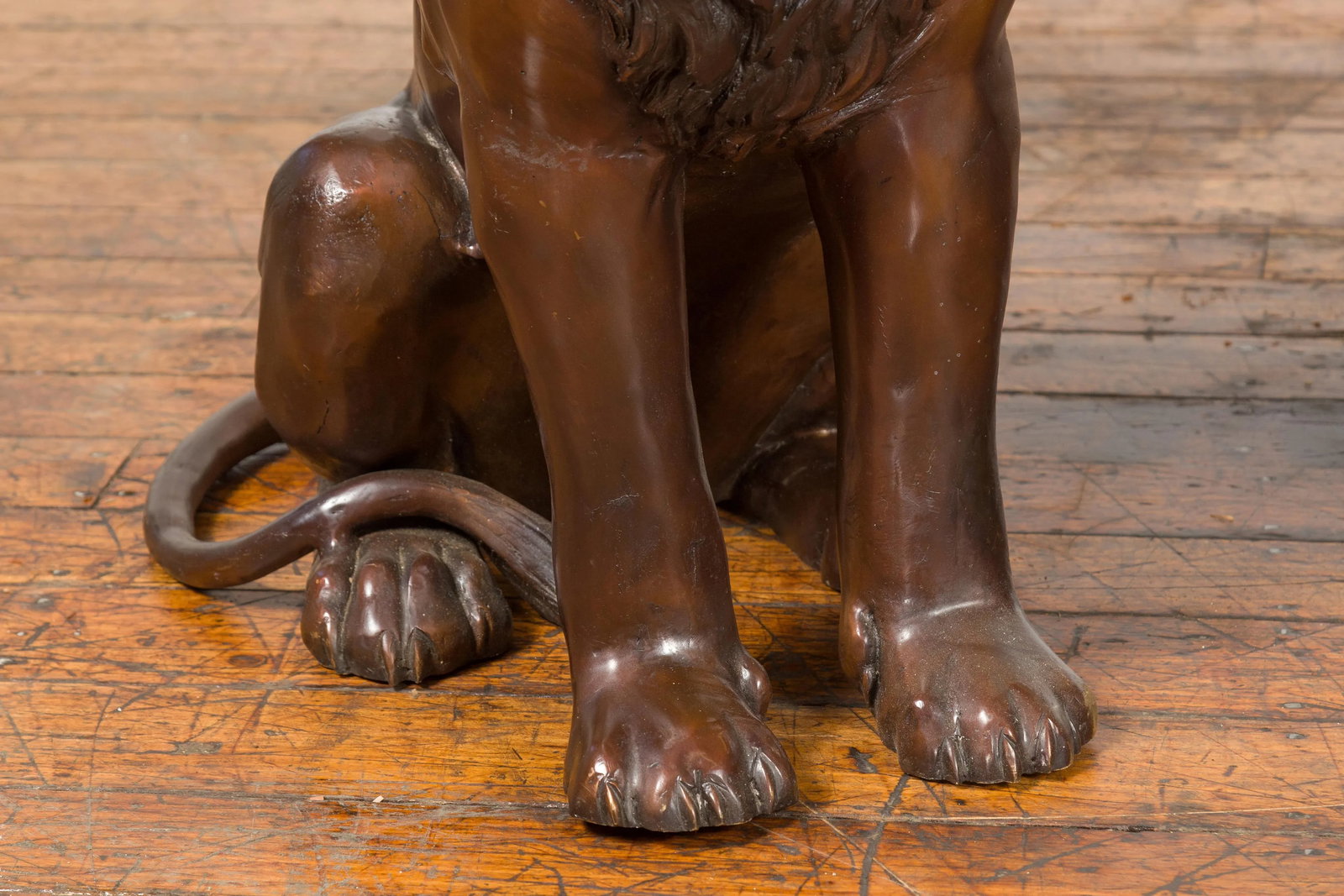 Contemporary Lost Wax Cast Outdoor Sitting Lions with Dark Bronze Patina - A Pair - 11