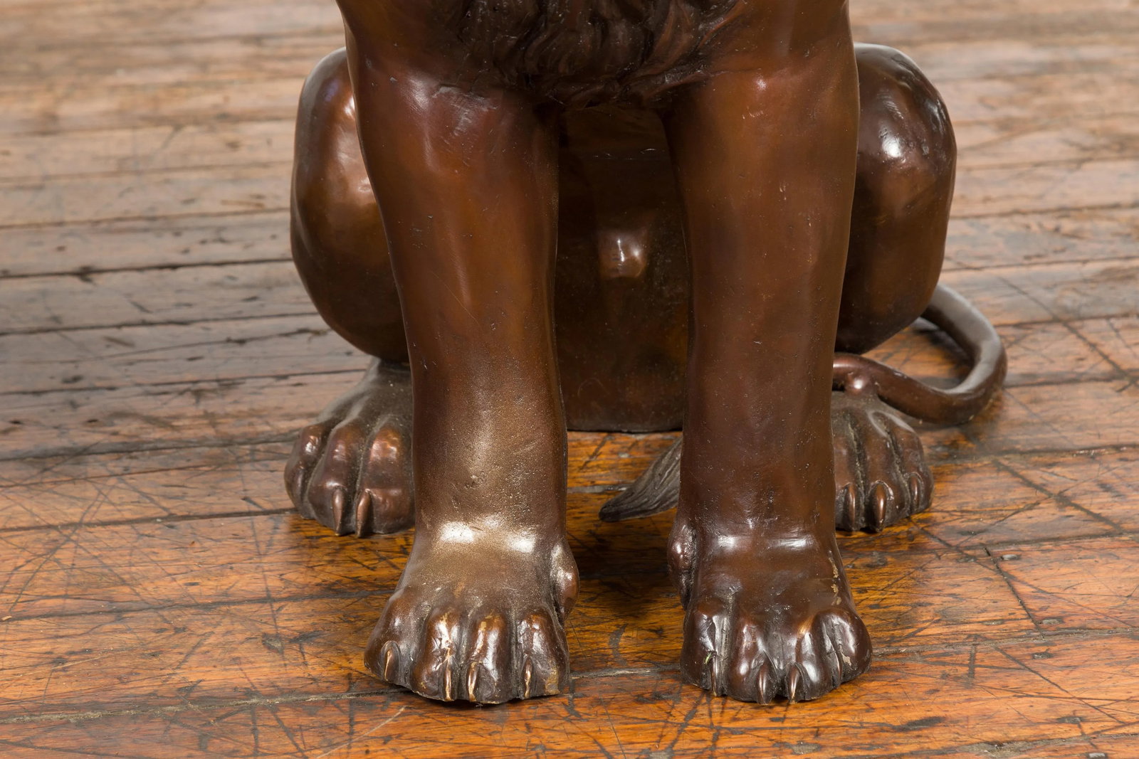 Contemporary Lost Wax Cast Outdoor Sitting Lions with Dark Bronze Patina - A Pair - 12