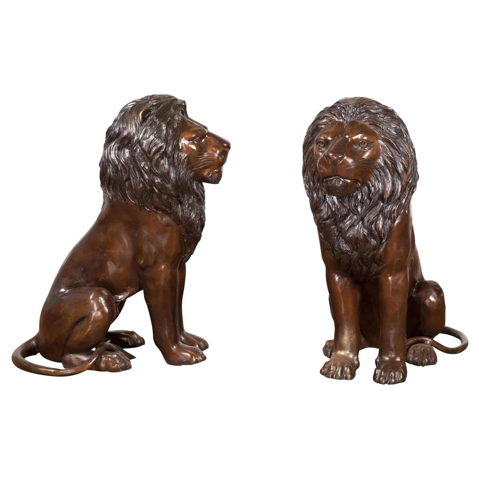 Contemporary Lost Wax Cast Outdoor Sitting Lions with Dark Bronze Patina - A Pair - 13
