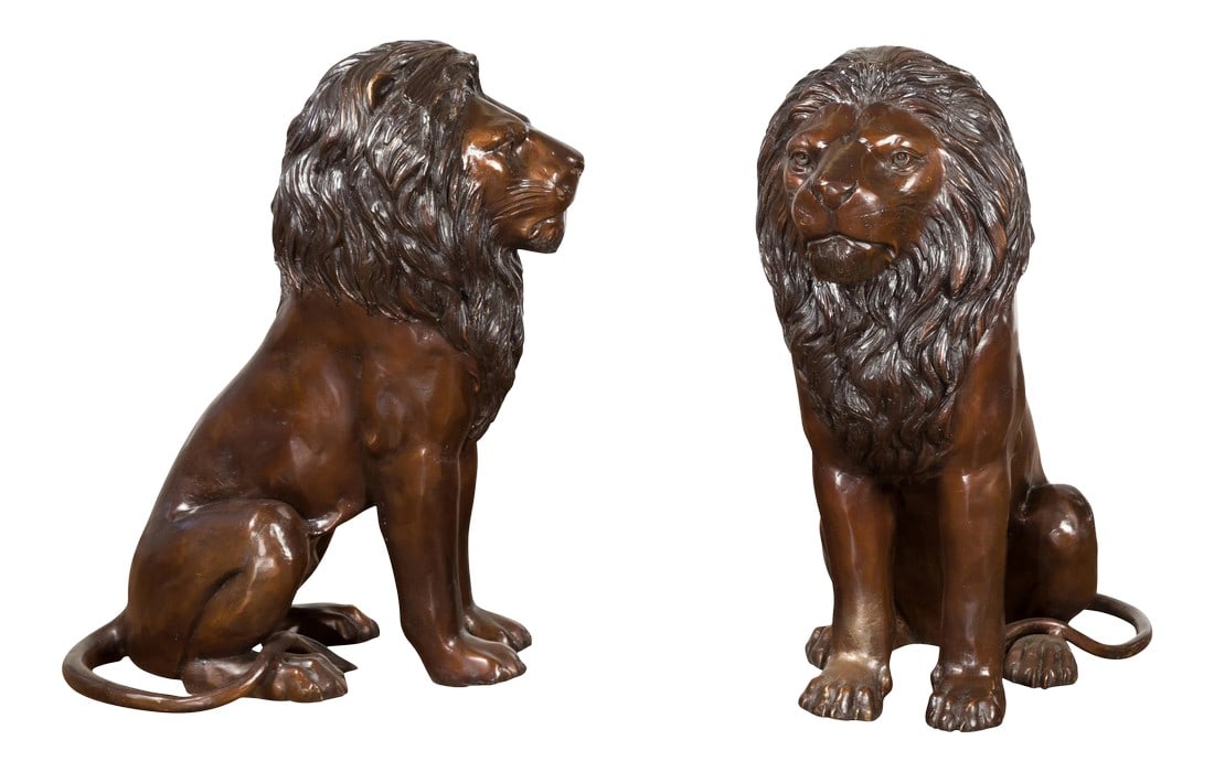 Contemporary Lost Wax Cast Outdoor Sitting Lions with Dark Bronze Patina - A Pair: A pair of contemporary cast bronze outdoor lions with dark bronze patina. Created with the traditional technique of the lost-wax (Ã la cire Perdue) that allows a great precision in the