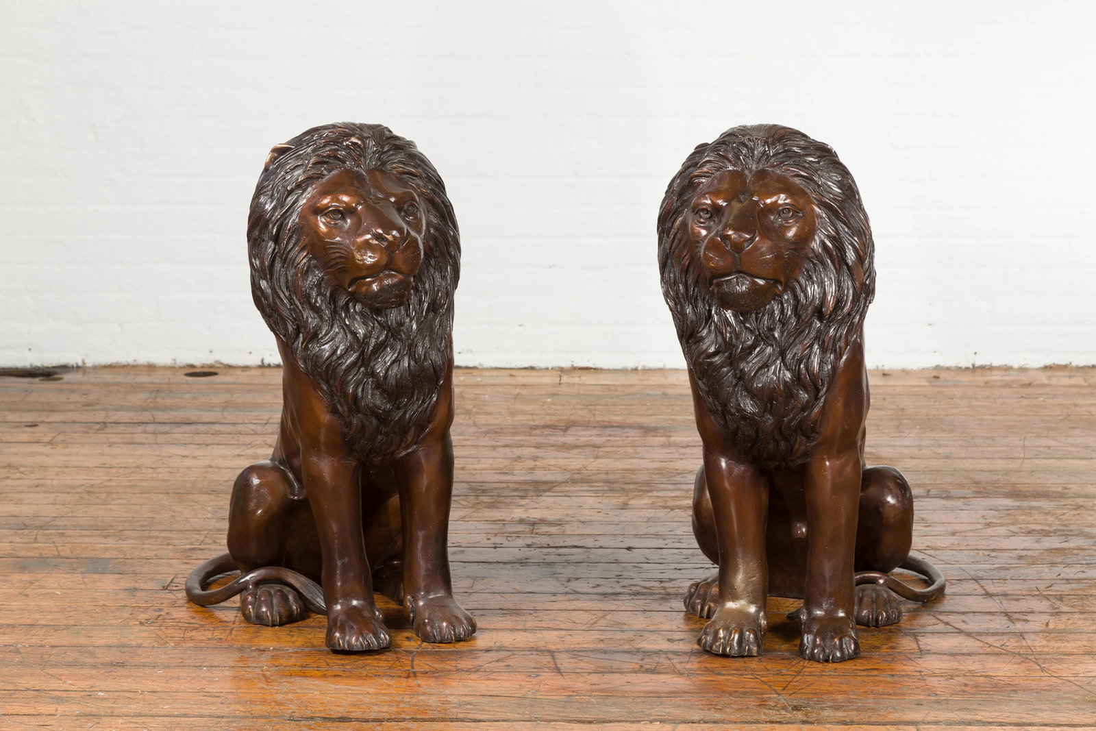 Contemporary Lost Wax Cast Outdoor Sitting Lions with Dark Bronze Patina - A Pair - 2