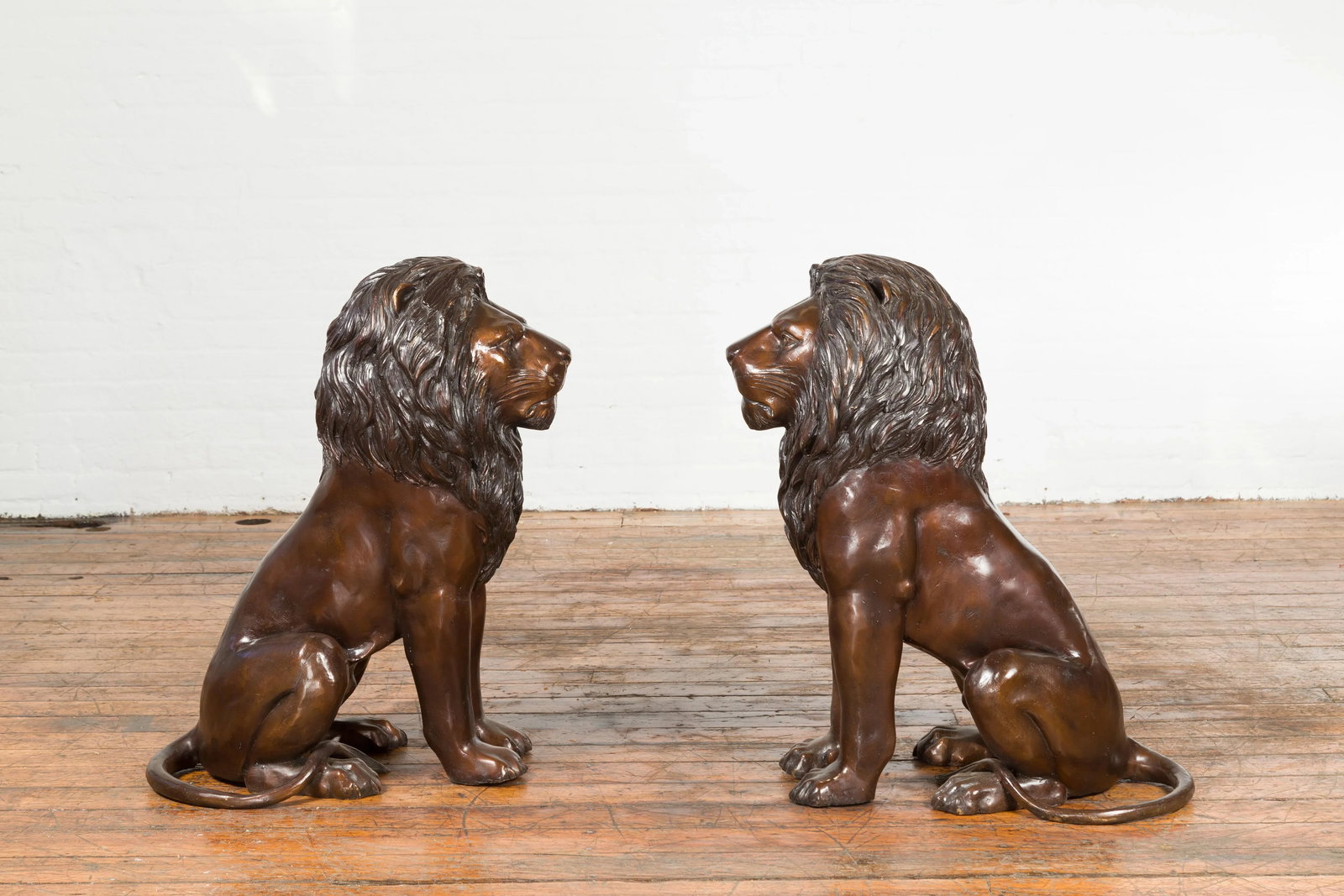 Contemporary Lost Wax Cast Outdoor Sitting Lions with Dark Bronze Patina - A Pair - 3