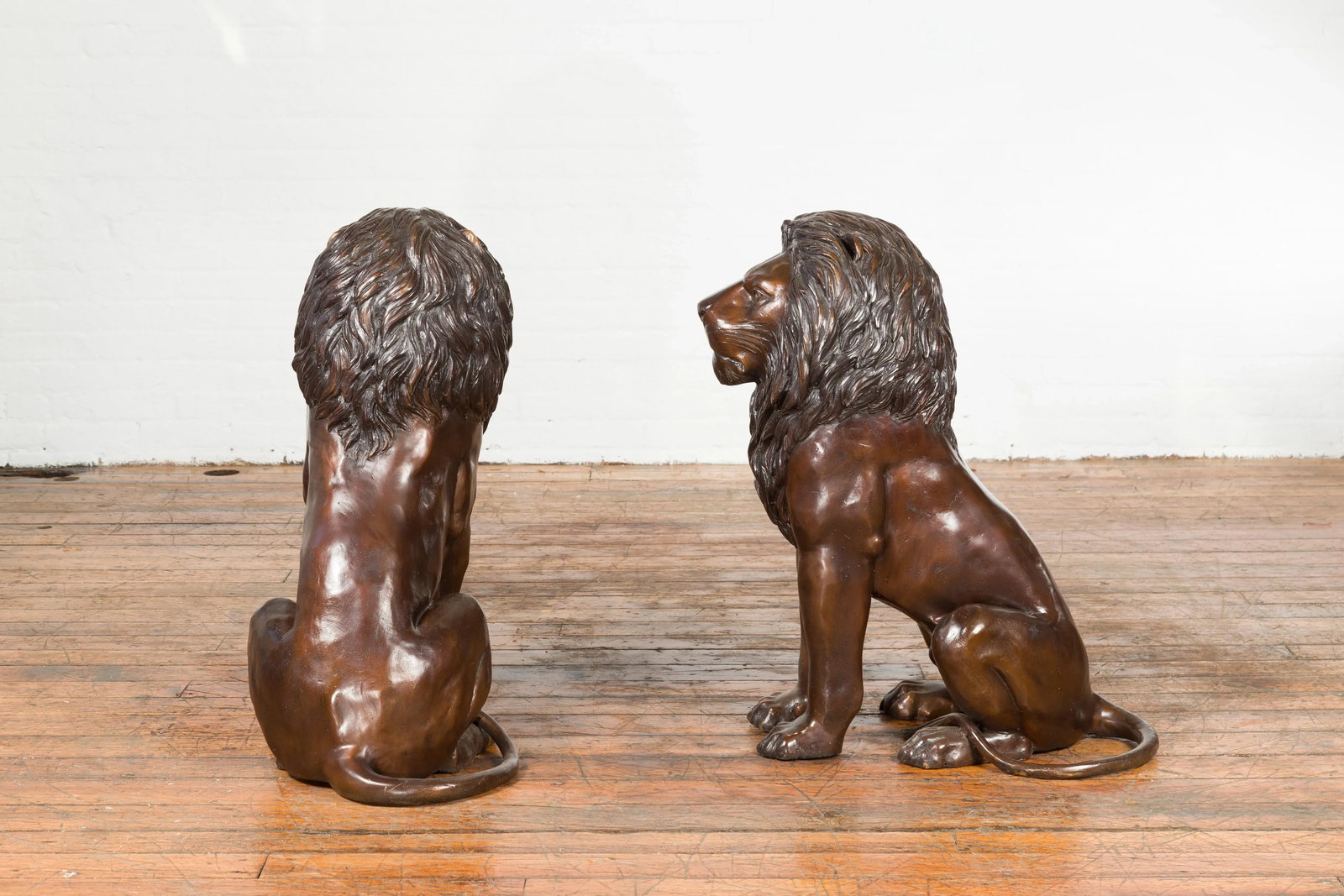 Contemporary Lost Wax Cast Outdoor Sitting Lions with Dark Bronze Patina - A Pair - 4