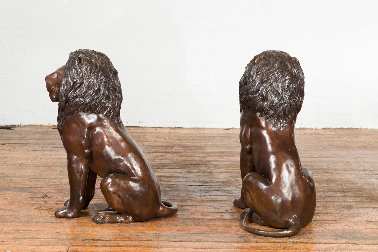 Contemporary Lost Wax Cast Outdoor Sitting Lions with Dark Bronze Patina - A Pair - 5