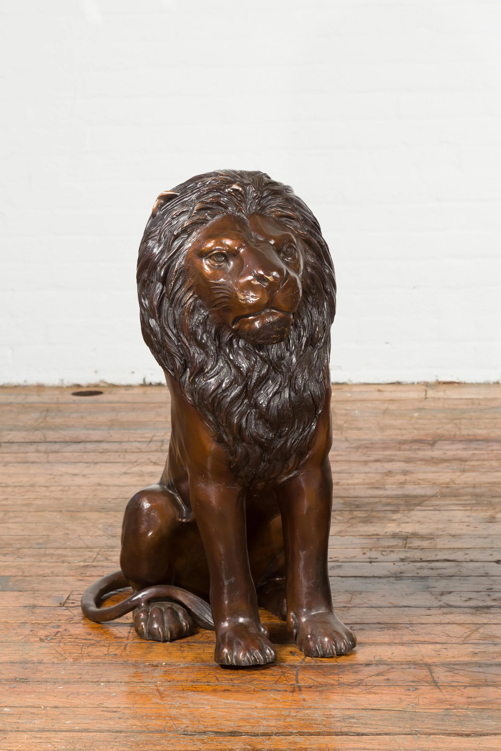 Contemporary Lost Wax Cast Outdoor Sitting Lions with Dark Bronze Patina - A Pair - 7