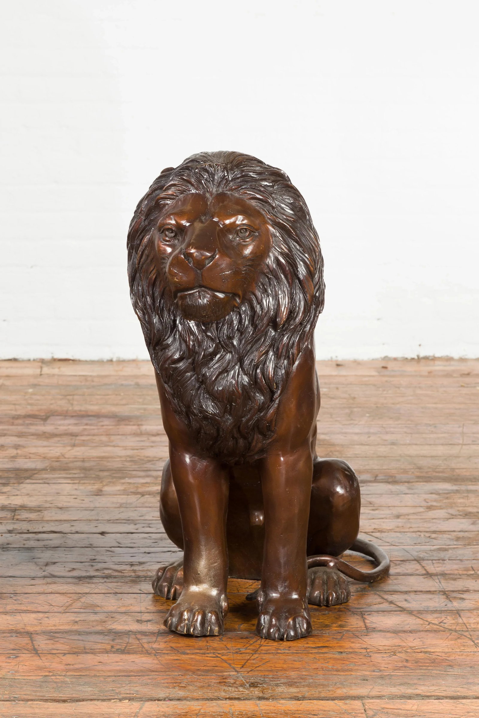 Contemporary Lost Wax Cast Outdoor Sitting Lions with Dark Bronze Patina - A Pair - 8