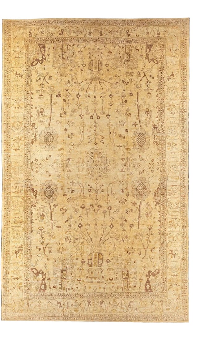 Palace Size Pishawar Rug, 15'1'' X 24'5'': Palace size Hand-Knotted wool 100 % dyed late 20th Century Pishawar Rug in yellow and brown. Condition: Alterations: Original Condition Unaltered Imperfections: Some Imperfections Condition Notes: