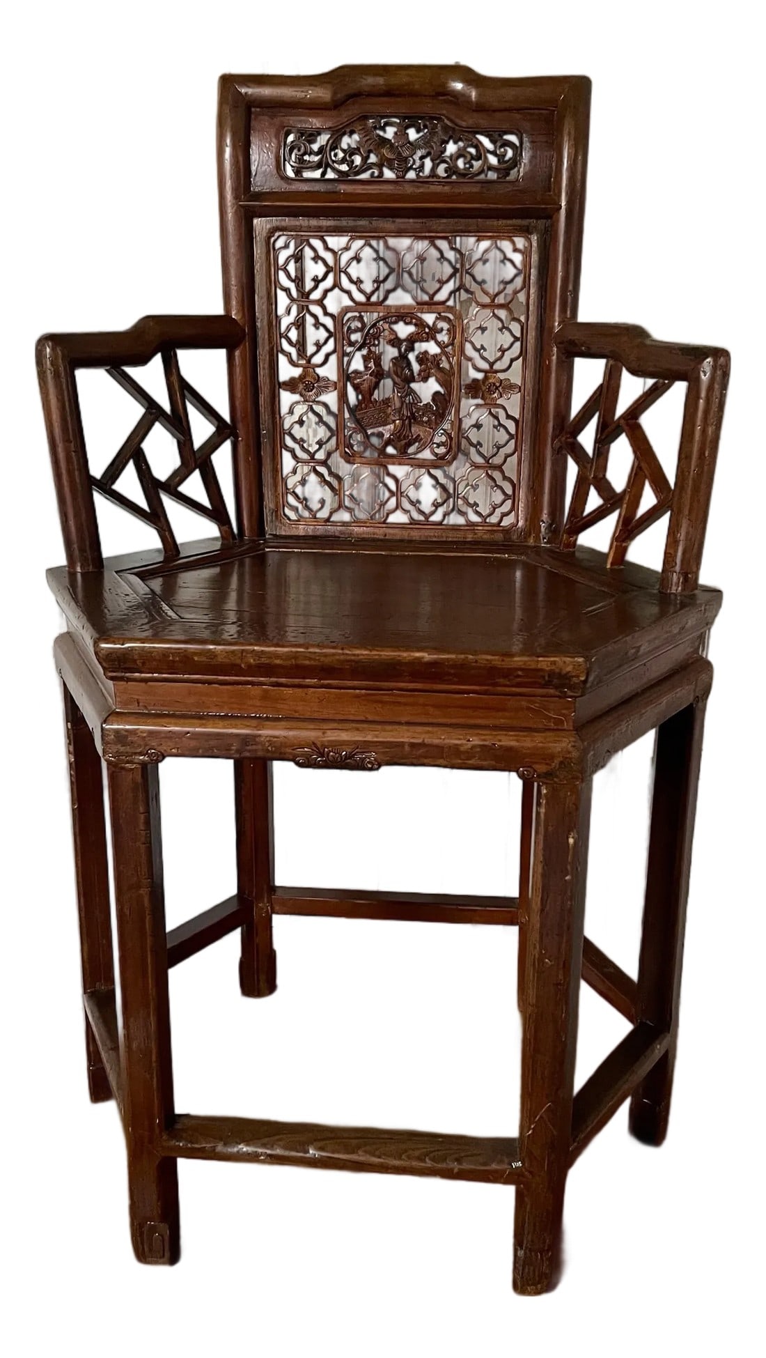 Antique Asian Chinese Style Carved Hexagonal Petit Delicate Small Chair W/Arms: This is the sweetest small chair with a wonderful carved and cut out woman in what looks like a garden in the center back panel and a bird or bug with open wings in the top panel with wonderful small