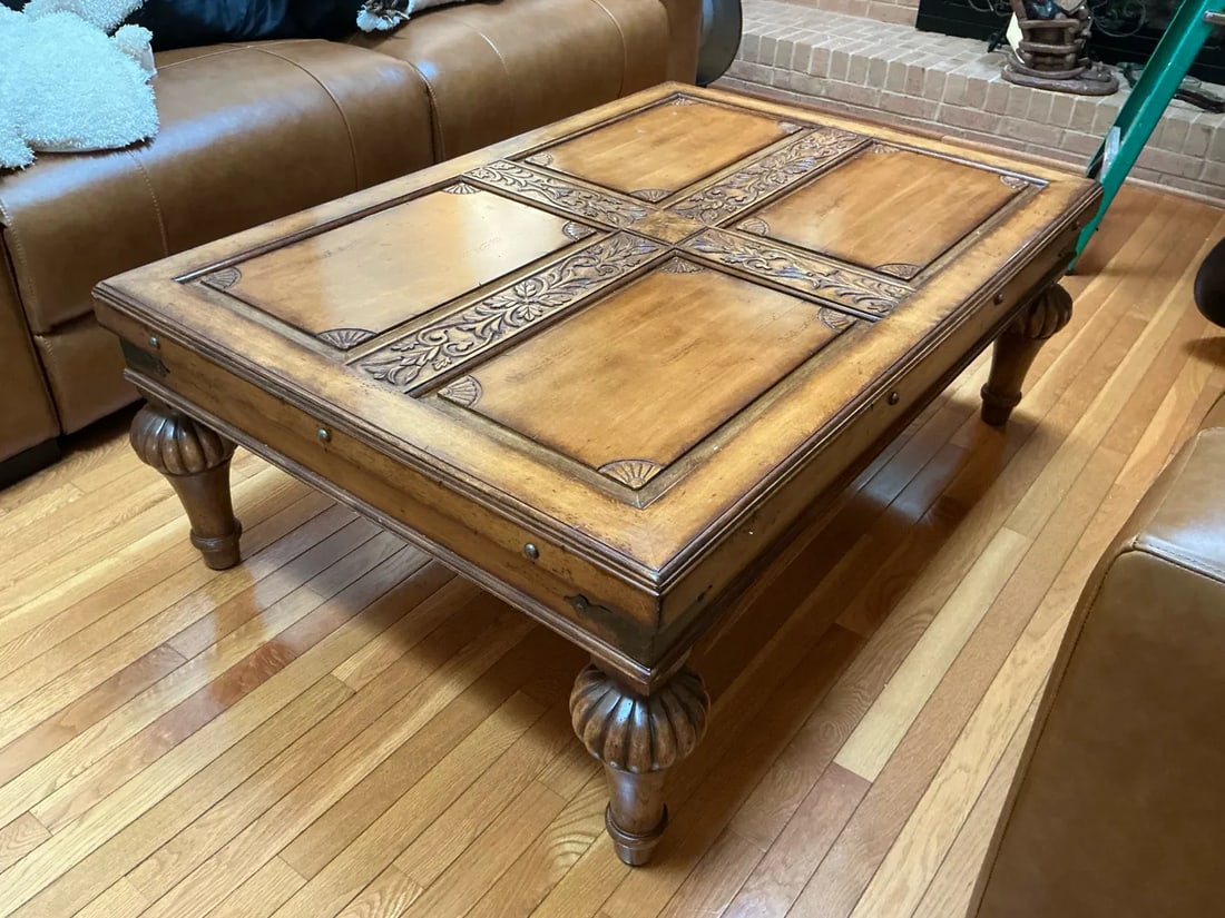 Vintage Indonesian Hand-Carved Wood Coffee Table With Floral Cross Motif - 2