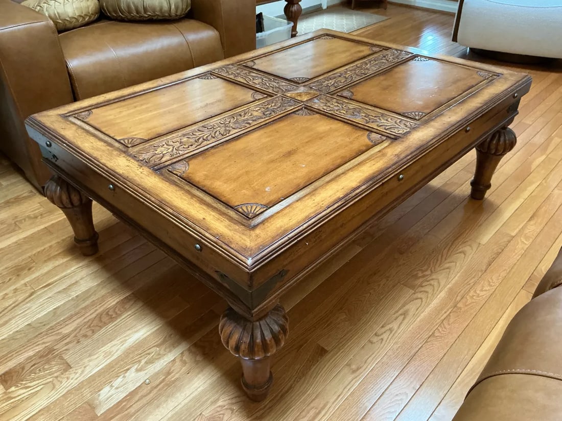 Vintage Indonesian Hand-Carved Wood Coffee Table With Floral Cross Motif - 4