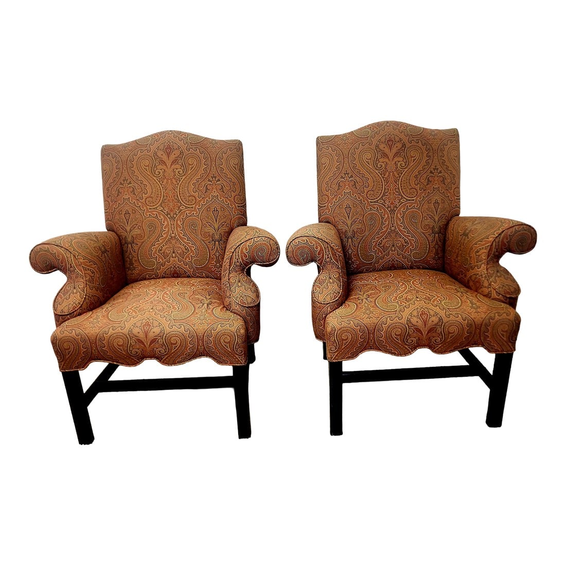 Pair Armchairs Attr Grosfeld House 1940s: pair of 1940s upholstered chairs, attributed to Grosfeld House but the original tag was lost when chairs were reupholstered some years ago, wonderful subdued traditional print of paisley in orange