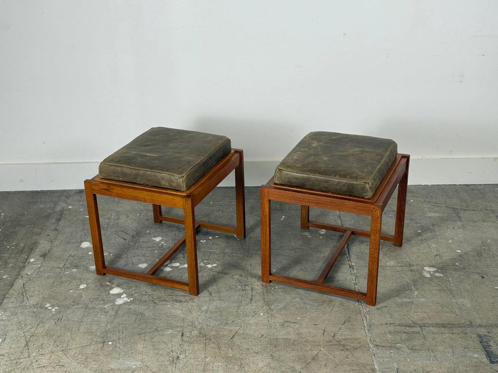 1960s Pair Erik Buch Stools - Teak + Leather - Danish Modern Flip Top Table Stool - 10