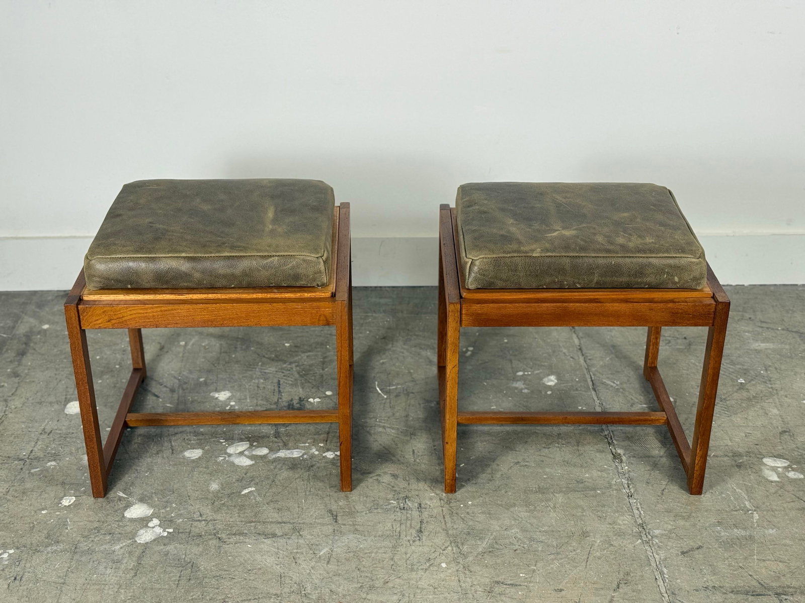 1960s Pair Erik Buch Stools - Teak + Leather - Danish Modern Flip Top Table Stool - 11