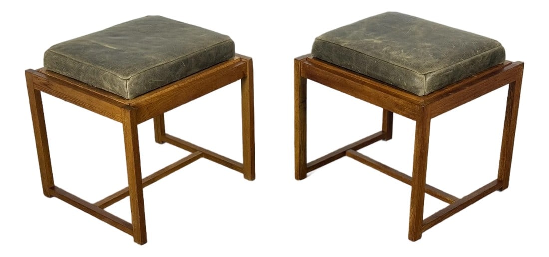 1960s Pair Erik Buch Stools - Teak + Leather - Danish Modern Flip Top Table Stool: PAIR of flip top stools / tables in teak and green leather by Erik Buch for OD Mobler, Denmark circa 1960s. In excellent all original condition with no flaws of note. Gorgeous warm patina. Teak and