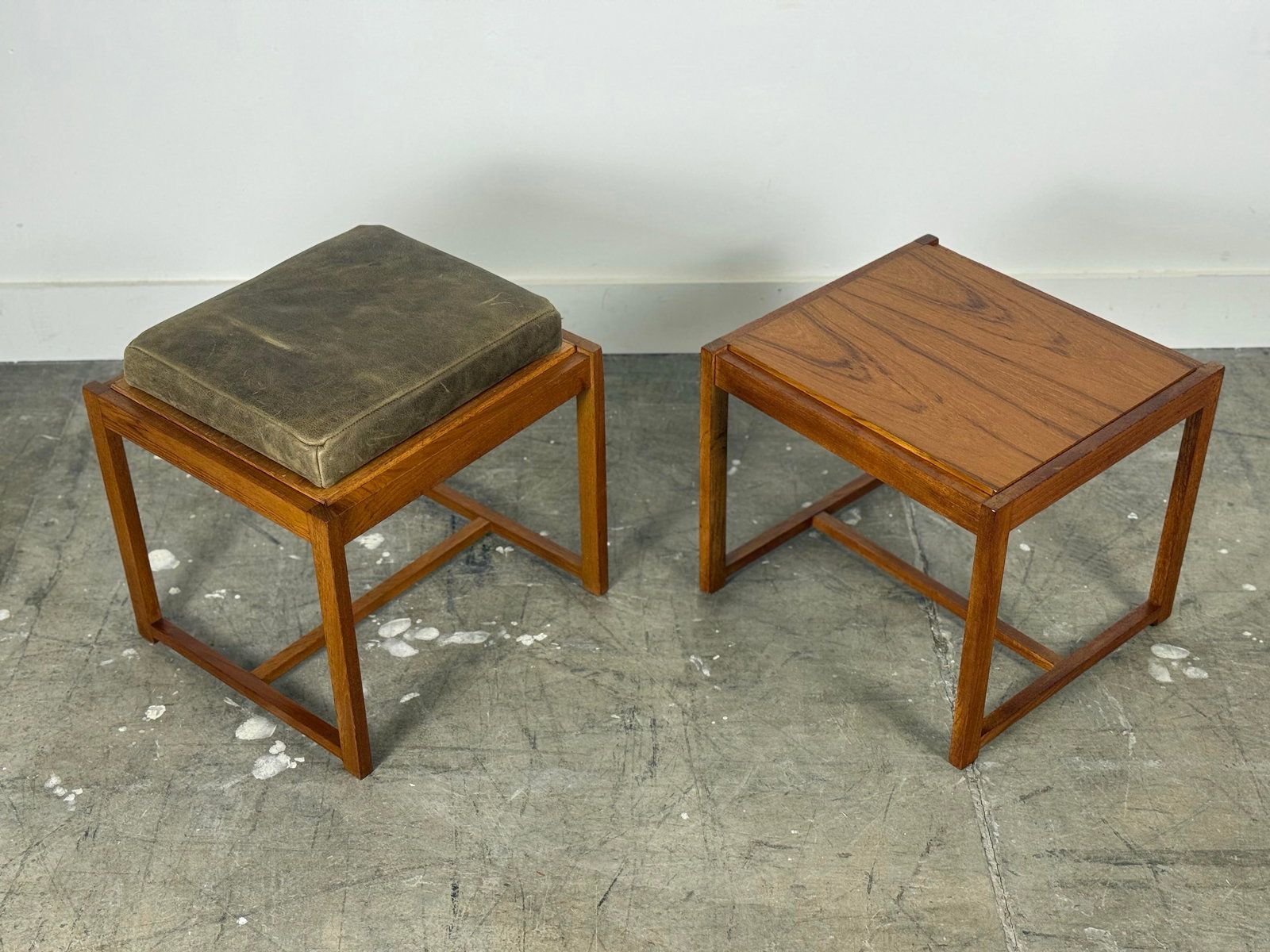 1960s Pair Erik Buch Stools - Teak + Leather - Danish Modern Flip Top Table Stool - 2