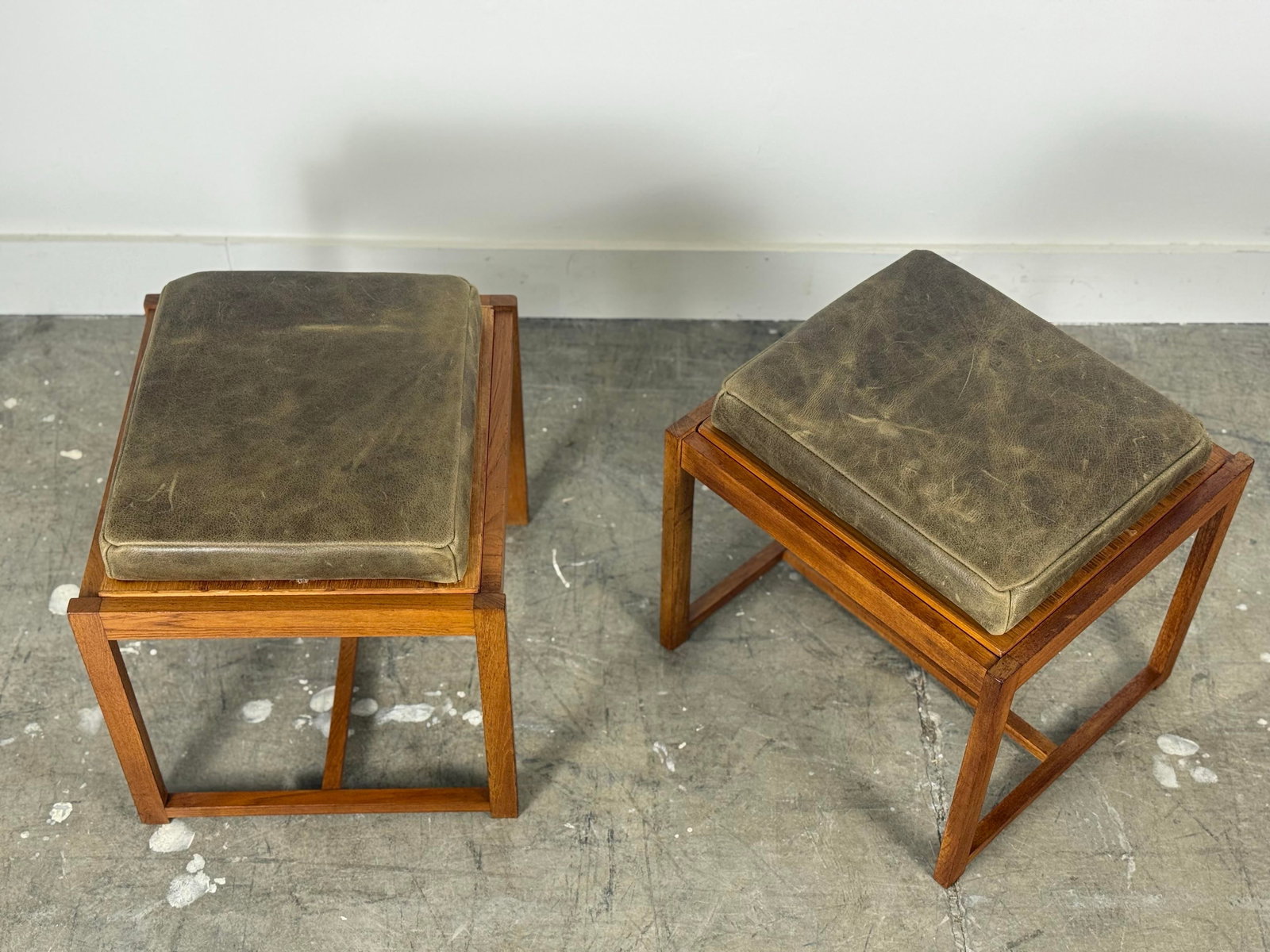 1960s Pair Erik Buch Stools - Teak + Leather - Danish Modern Flip Top Table Stool - 3