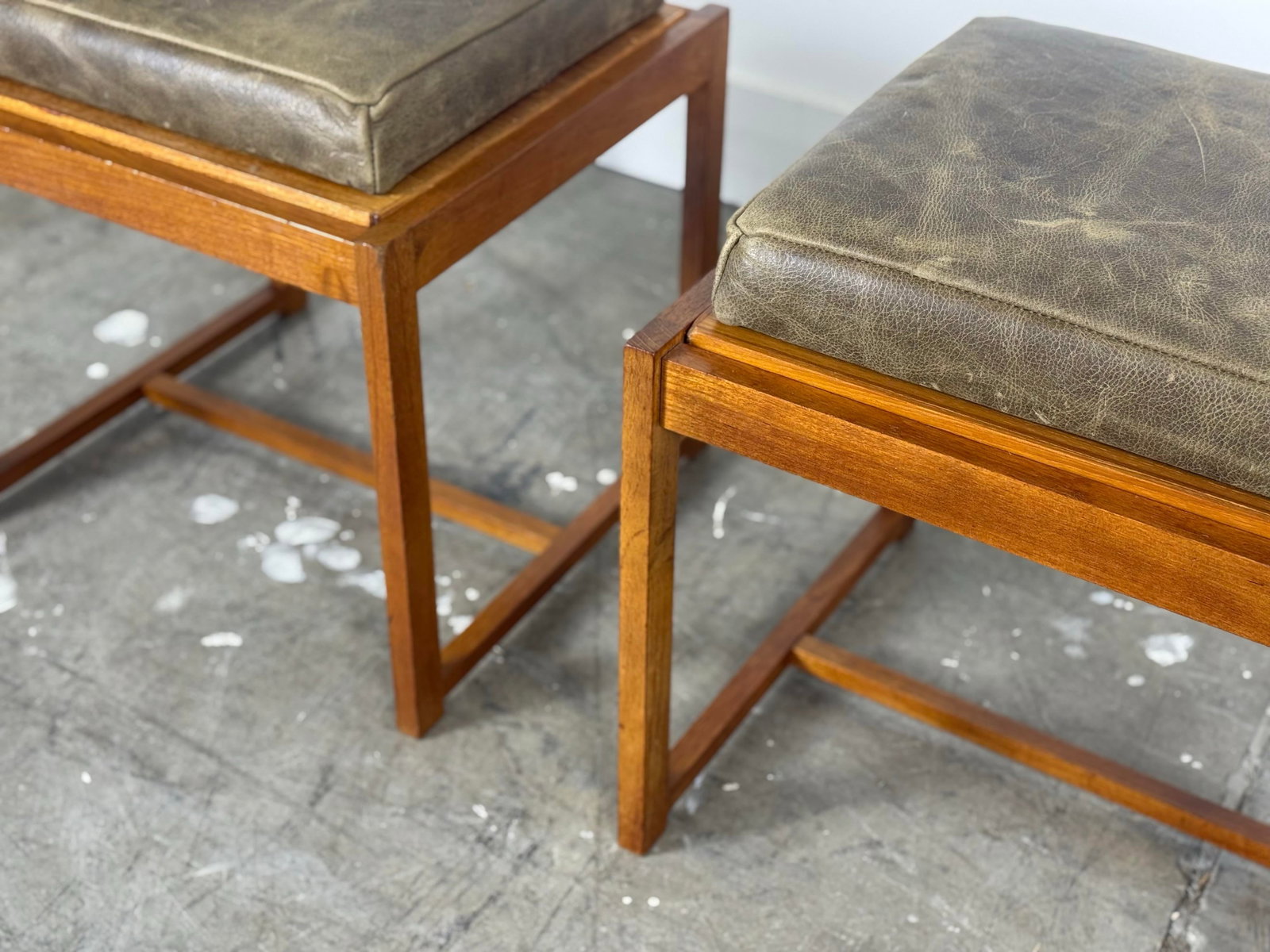 1960s Pair Erik Buch Stools - Teak + Leather - Danish Modern Flip Top Table Stool - 5