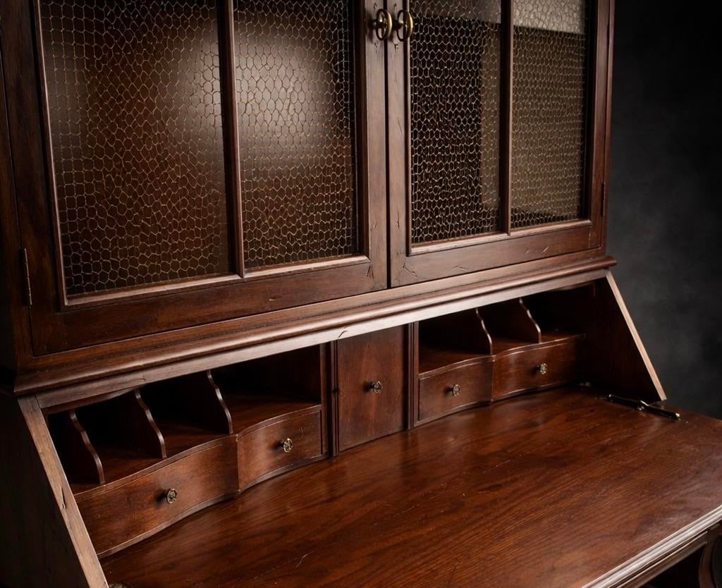 Vintage Henredon Architectural Secretary Desk With Brass Mesh Doors & Bombe Drawers – Rich - 5